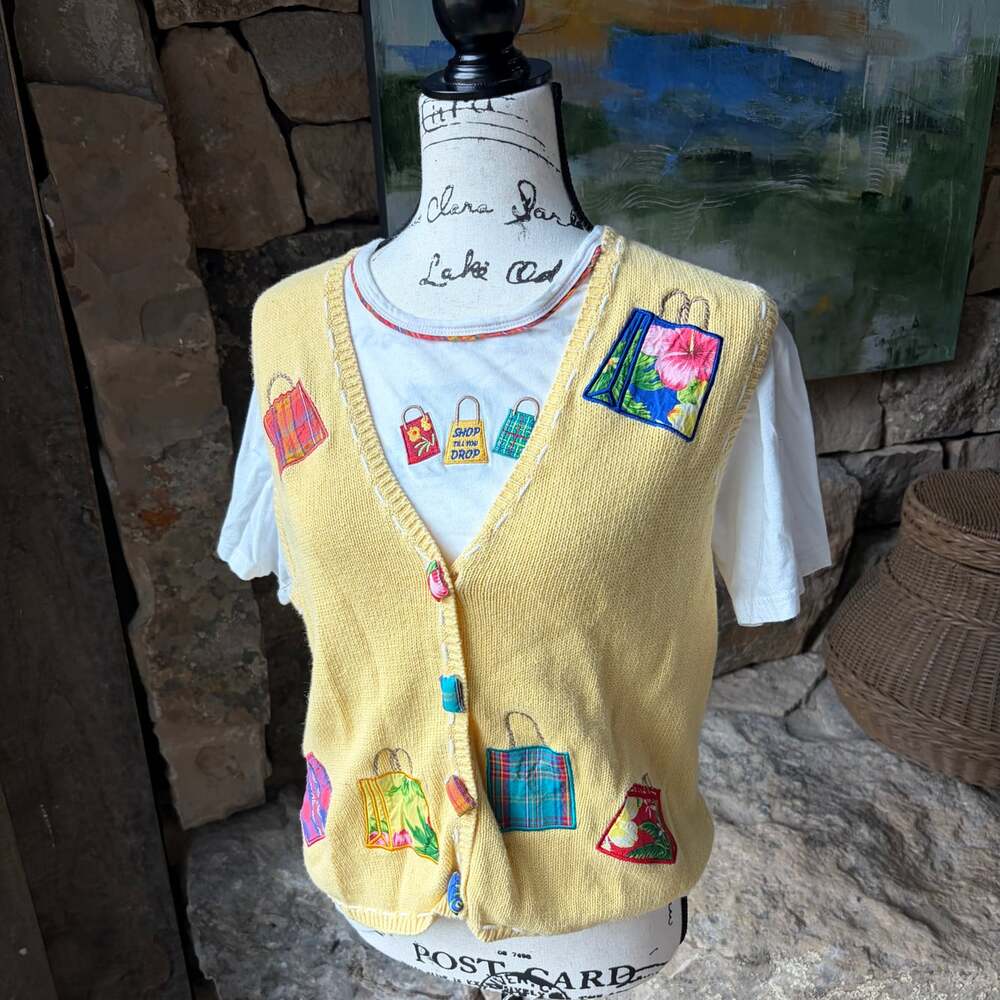 Vintage 90s Mandal Bay Yellow Shopping Bag Novelty Sweater Vest and tee Size M